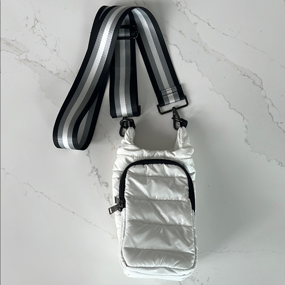 Chic Black and White Quilted Crossbody Bag with Striped Strap - Picture 1 of 7